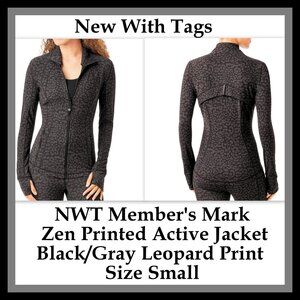 NWT Member's Mark Zen Printed Active Jacket Black/Gray Leopard Print Size Small